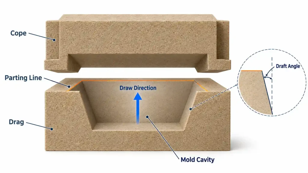 Sand mold cutaway showing the cope, drag, mold cavity, parting line, draw direction, and draft angle