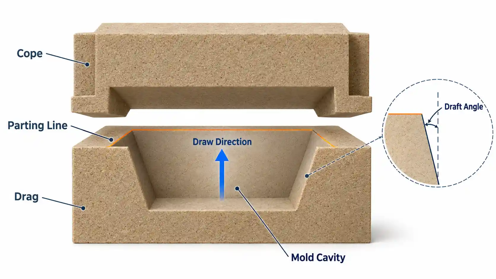 Sand mold cutaway showing the cope, drag, mold cavity, parting line, draw direction, and draft angle