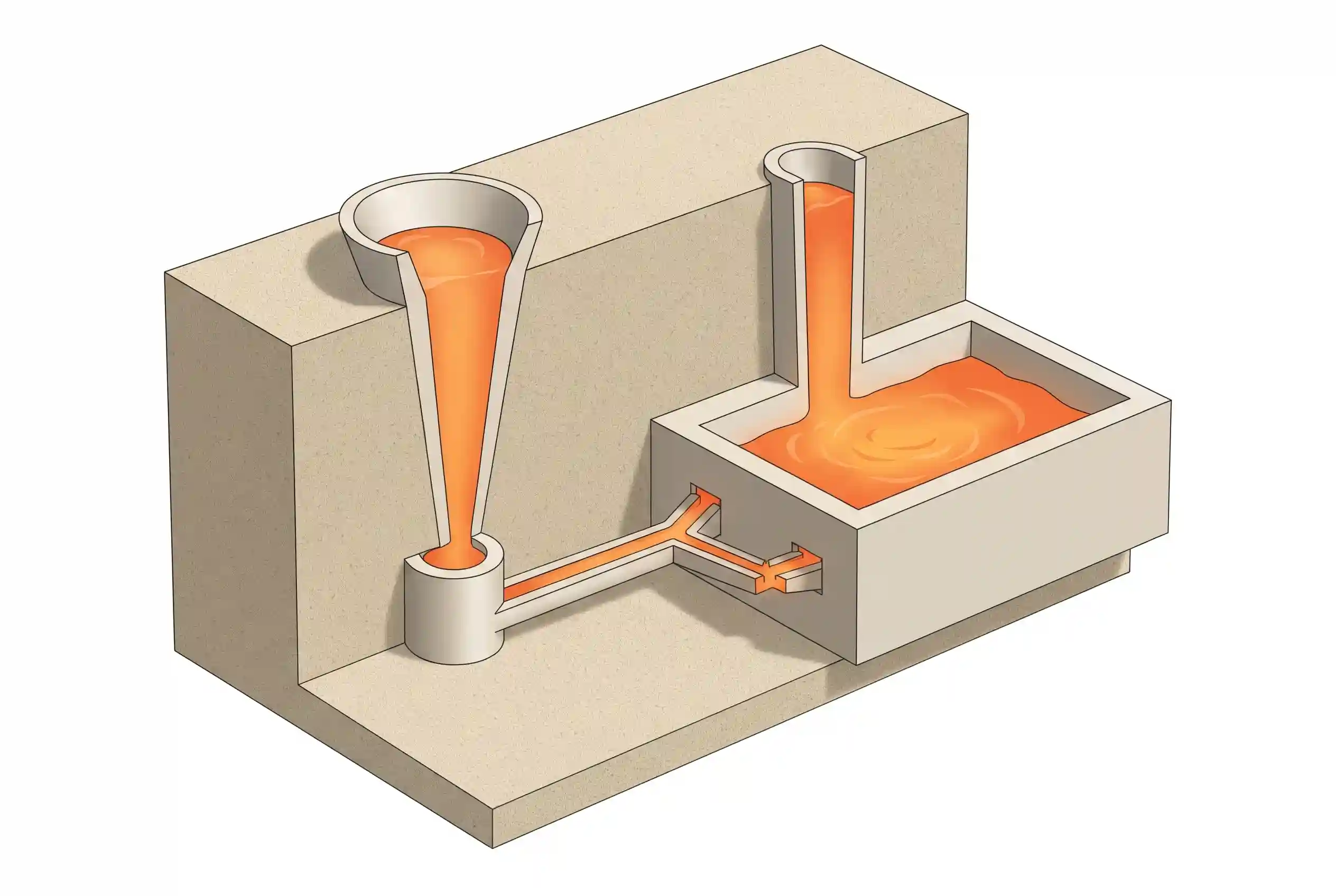 3D cutaway illustration of a sand casting gating system showing the pouring cup, sprue, runner, ingates, mold cavity, and riser.