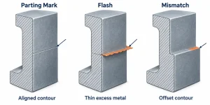 Comparison of a parting mark, flash, and mold mismatch on sand cast metal sections